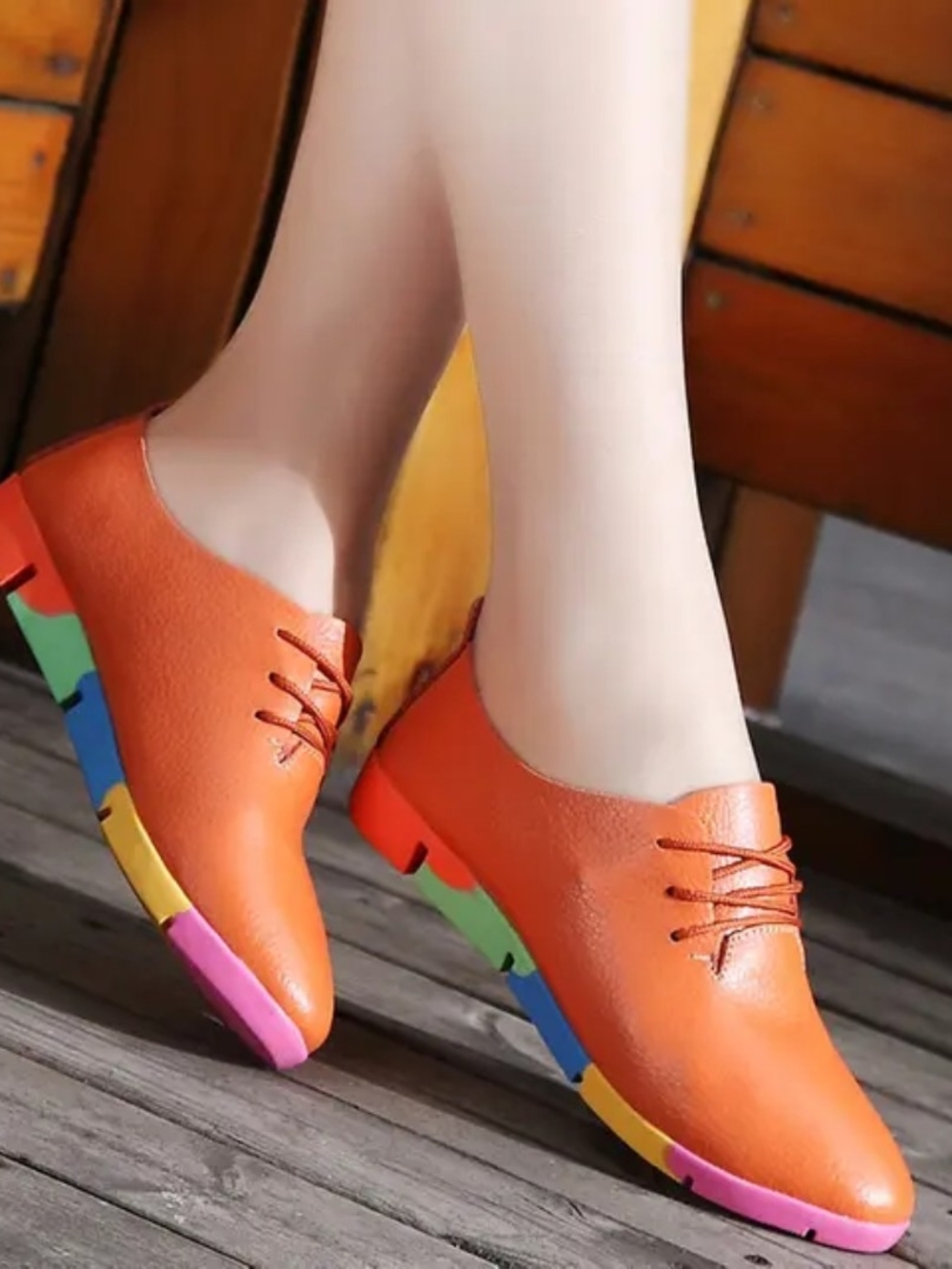 Women’s Orange Leather Lace-Up Flats with Multicolor Soles